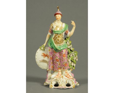 A rare Derby porcelain figure of Britannia, with oak tree bocage and shield with boar and lion, possibly a reference to The B