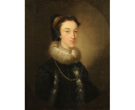 Miss Berners/Mrs Jarratt, oil painting on canvas, circa 1775, portrait of a lady half length dressed as Mary Queen of Scots. 