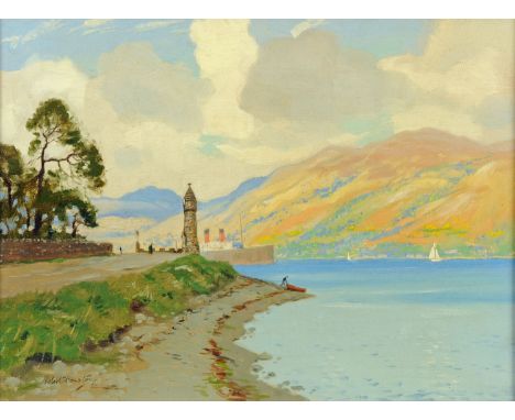 Robert Houston (Scottish, 1891-1942), oil painting on canvas, "Holy Loch".  29 cm x 39 cm with T. & R. Annan & Sons Gallery l