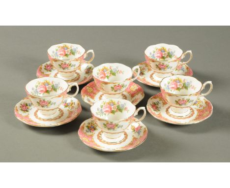 A Royal Albert Lady Carlyle tea set, six cups and six saucers. CONDITION REPORT: One cup has a hairline crack running from th