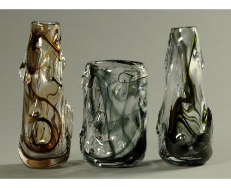 Two grey/green glass vases, probably Whitefriars or Powell, and a Powell vase.  Tallest 25 cm.  CONDITION REPORT: The smalles