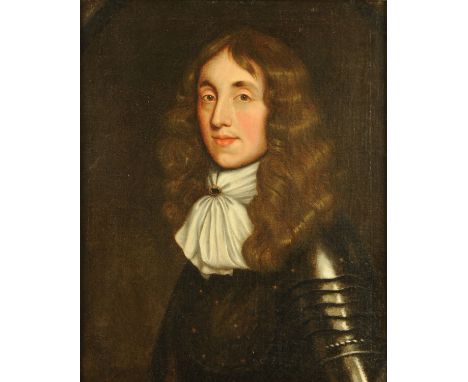Follower of David Scougall (1610-1680), oil painting on canvas, portrait of a gentleman bust length wearing armour and a whit