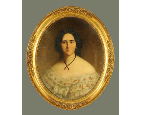 Oil painting on canvas, portrait of a lady, oval.  59 cm x 49 cm, in gilt frame. 