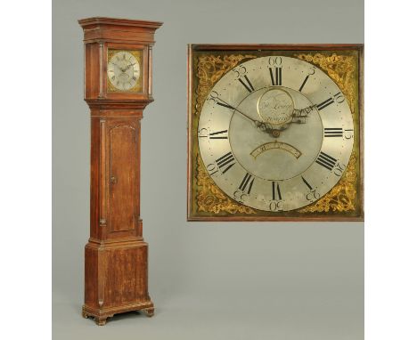 A George III oak longcase clock, with moulded cornice above a glazed door enclosing the silvered brass dial with date apertur