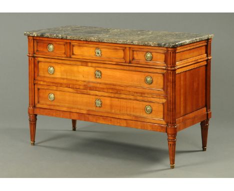 A Continental walnut commode, bearing signature "R. Trotel" to the rear and with marble top above a secretaire front and sing