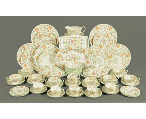 A Minton Haddon Hall part tea and dinner service, 6 dinner plates, 6 medium plates, 6 side plates, 8 soup bowls, 8 saucers, 6