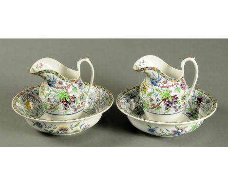 A pair of Copeland late Spode jugs, Lichfield pattern.  Height 29 cm, each with accompanying basin.   