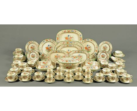 A Copeland Spode Chinese Rose dinner service, 9 dinner plates, 14 side plates, 2 lidded tureens, soup tureen, 5 graduated ash