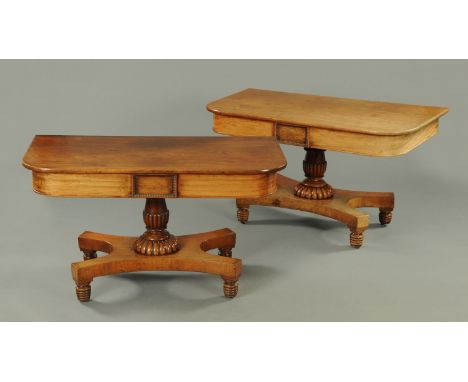 A pair of Regency/William IV mahogany dining table D ends, each with rounded corners, recessed frieze with centre rectangular