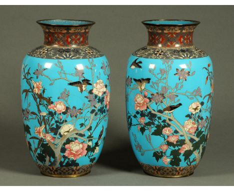 A large pair of Japanese Cloisonne vases, decorated with birds and branches.  Height 46 cm (see illustration).  CONDITION REP