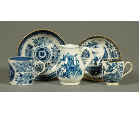 A Worcester sparrow beak jug, Fence pattern, a Caughley Fisherman cup and saucer and another late 18th/early 19th century cup
