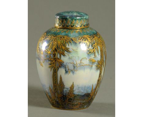 A Royal Worcester Crown Ware small ginger jar, heightened with gilding.  Height 15 cm.  CONDITION REPORT: We can see no evide
