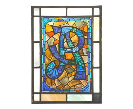 A leaded glass panel, with clear glass surround.  Overall dimensions - width 77 cm, height 108 cm (see illustration). CONDITI