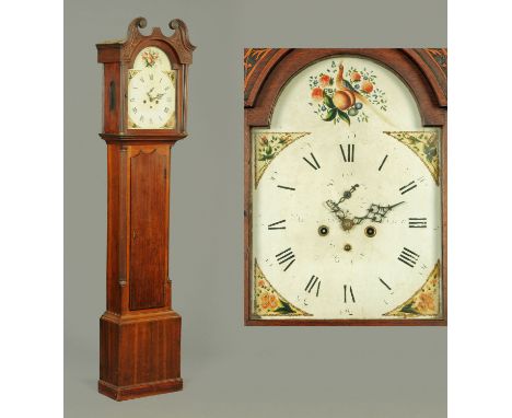 A George III oak longcase clock, with swans neck pediment above the arched painted dial with eight day striking movement, fla