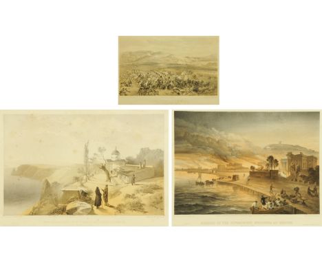 Two Colnaghi's Authentic Series Crimean War prints, after W. Simpson, "The Monastery of St. George & Cape Fiolente", "Burning
