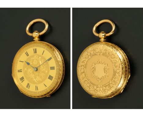 A 14 ct gold Continental fob watch, with foliate engraved case, ceramic dial with Roman numerals, key wind.  Diameter 31 mm (