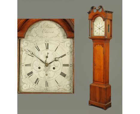 A George III Scottish oak longcase clock by Pettygrew of Edinburgh, with swans neck pediment, arched silvered brass dial with