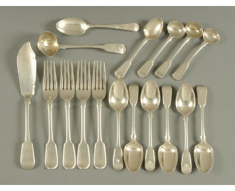 Four silver dessert forks, London 1829, Fiddle pattern, monogrammed, and a silver fish knife, London 1874, six teaspoons, Lon