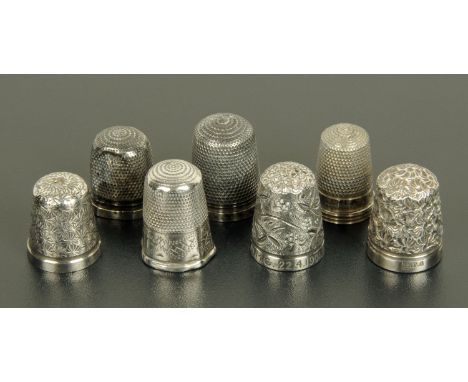 Seven silver thimbles, various makers and marks, three pieces of costume jewellery, cameo brooch, brooch and pendant.  Larges