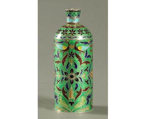 A fine enamel and silver wire vase, probably Persian, decorated with birds and flowers.  Height 12.5 cm (see illustration).