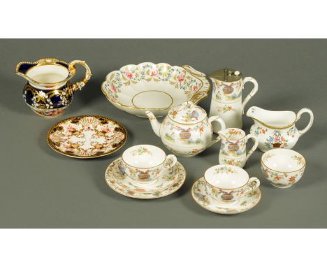 A Coalport polychrome jug, circa 1812, a Royal Crown Derby plate, part Royal Worcester tea service, Derby shaped dish and an 