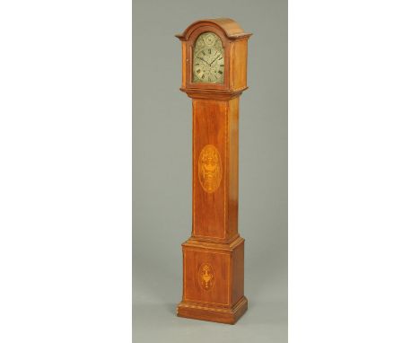 An Edwardian inlaid mahogany granddaughter clock, with arched hood and silvered brass dial bearing plaque "David Summerfield,