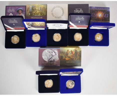Seven Royal Mint silver proof crown coins comprising 2003 Coronation Jubilee, 2000 Queen Elizabeth the Queen Mother centenary