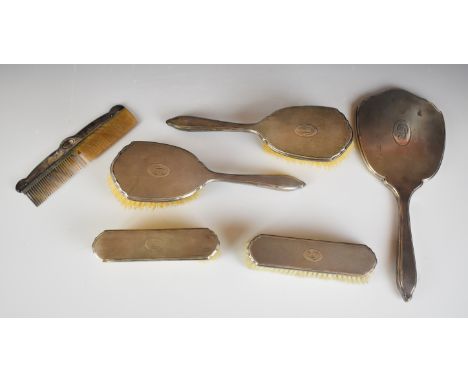 Art Deco hallmarked silver mounted dressing table set comprising hand mirror and four brushes, Birmingham 1930, maker&nbsp;Ba