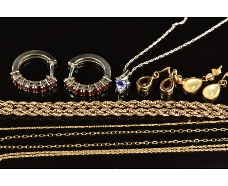 A 9ct gold rope twist necklace, 9ct gold bracelet, 9ct gold chain and 'S' pendant, 9ct gold earrings set with a garnet and 9c