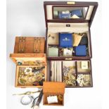 A collection of jewellery including earrings, 9ct gold chain made up of box links (3g), two