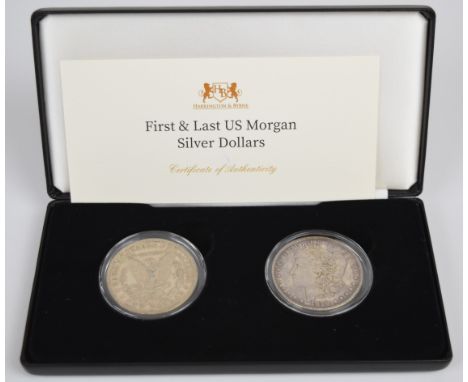 Harrington and Byrne cased First and Last US Morgan silver Dollars 1878 and 1921, with certificate