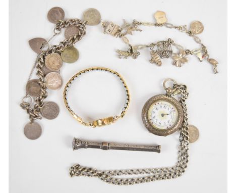 A silver fob watch, 9ct gold cased watch, silver threepence bracelet, silver pencil and a silver Albert