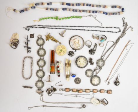 A collection of silver jewellery including cameo bracelet, cufflinks, four rings, five chains, suite of mother of pearl jewel