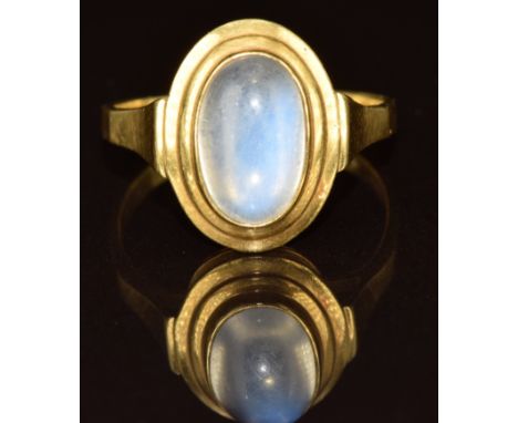 An 18ct gold ring set with a moonstone cabochon, maker AHB, 3.7g, size P