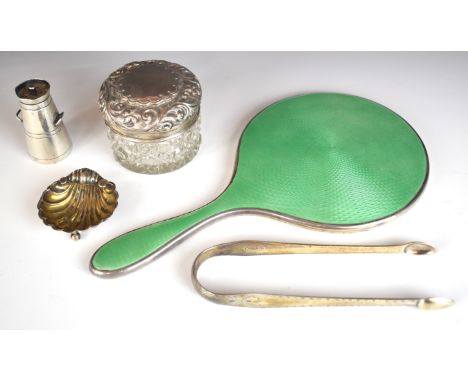 Hallmarked silver items comprising green guilloch&eacute; enamel Art Deco mirror, novelty Edward VII hallmarked silver pepper