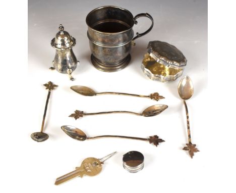 Hallmarked and other silver items comprising christening mug, pepper, trinket pot, pill pot, novelty hallmarked silver Yale t