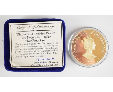 Silver proof Bahamas $25 Discovery of the New World coin, in original box with certificate, weight 136g