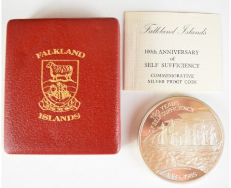 Falkland Islands limited edition (of 20,000) silver proof £25 coin commemorating 100 years of self sufficiency, diameter 65mm
