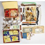 A collection of jewellery including Victorian stick pins, watches, banknotes, silver bangle, three