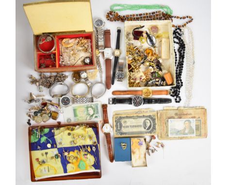 A collection of jewellery including Victorian stick pins, watches, banknotes, silver bangle, three silver rings, 9ct gold rin