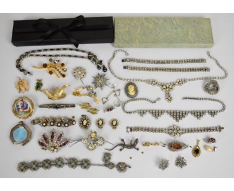 Diamant&eacute; necklaces and bracelets, two silver rings, Art Deco brooches, silver compact set with enamel (Birmingham 1920
