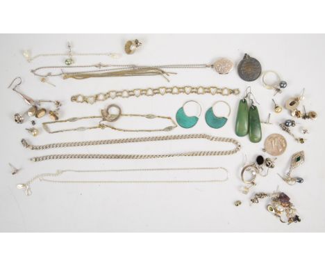 Three silver chains, silver heart bracelet, seven pairs of earrings, single 9ct gold earring (0.4g), single 18k gold earring 