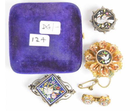 A c1900 yellow metal brooch set with micro mosaic floral plaques, c1900 silver brooch and button set with a micro mosaic plaq