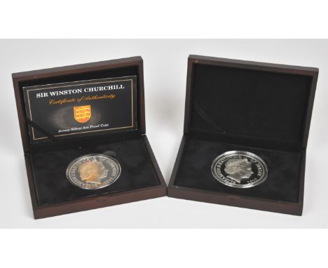 Two cased Bailiwick of Jersey and Guernsey 925/1000 proof 5oz silver coins, one with certificate