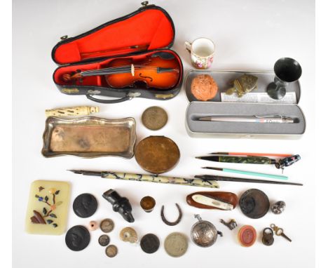 Bijouterie and collectables including miniature hallmarked silver goblet, coin dish, silver coins, hinged walnut box, dip pen