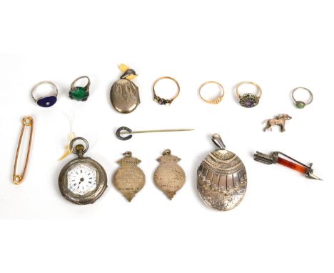 A collection of silver jewellery including Victorian locket hallmarked Birmingham 1882, fob watch, two fobs, brooch in the fo