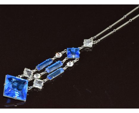 Art Deco Platinon necklace set with blue and clear paste, 6.6g, 39cm without pendant, drop section 6.4cm&nbsp;