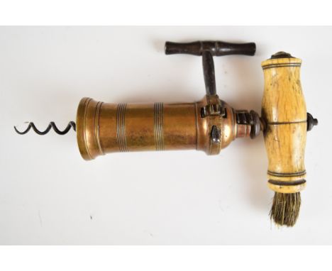 19thC rack operated patent type corkscrew, the bone handle having brush to end, length 19cm