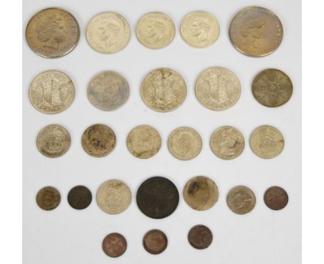 Approximately 189g of pre 1947 English silver coinage together with a Queen Victoria Gothic florin, 1780 Russian 5 kopek coin