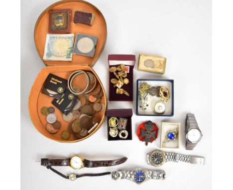 A collection of costume jewellery including 9ct gold enamel cufflink, silver brooch set with agate, silver ring, coins, cap b